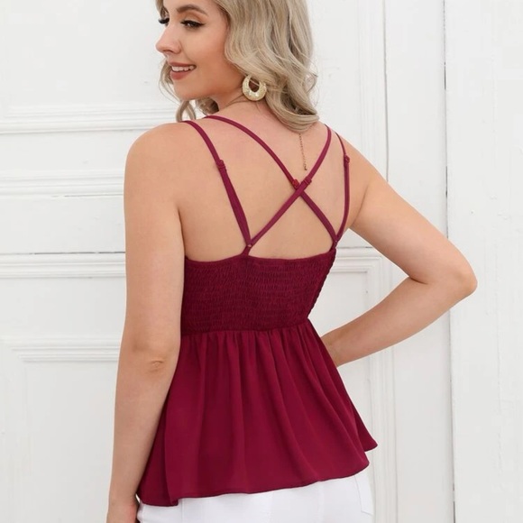 V neck cami strap scalloped guipure lace ruffle top boho white eyelet - Picture 3 of 6